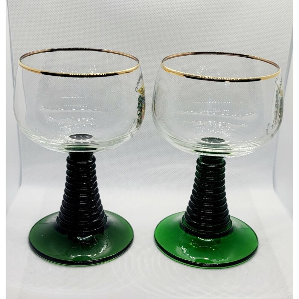 Vtg 2 Wine Glass Goblet Gold Trim Green Swirl Stem Engineers Oberammerg Germany - Picture 3 of 7